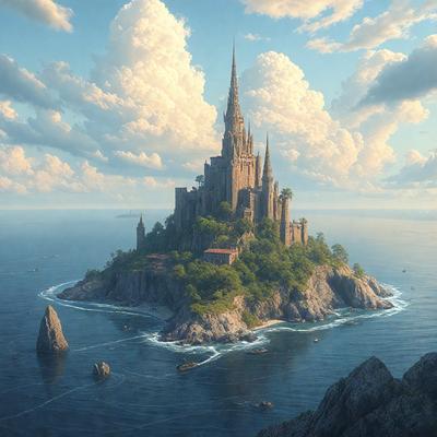 Primary subject: A large, castle-like structure on a rocky island in the middle of the ocean.

Setting/background: The ocean, with clouds in the sky, providing a serene and dramatic backdrop for the island.

Visual style: Digital art, as the image is a painting of a castle on a rocky island in the middle of the ocean.

Colors and mood: The image has a blue and white color scheme, with the blue ocean and white clouds creating a calm and serene